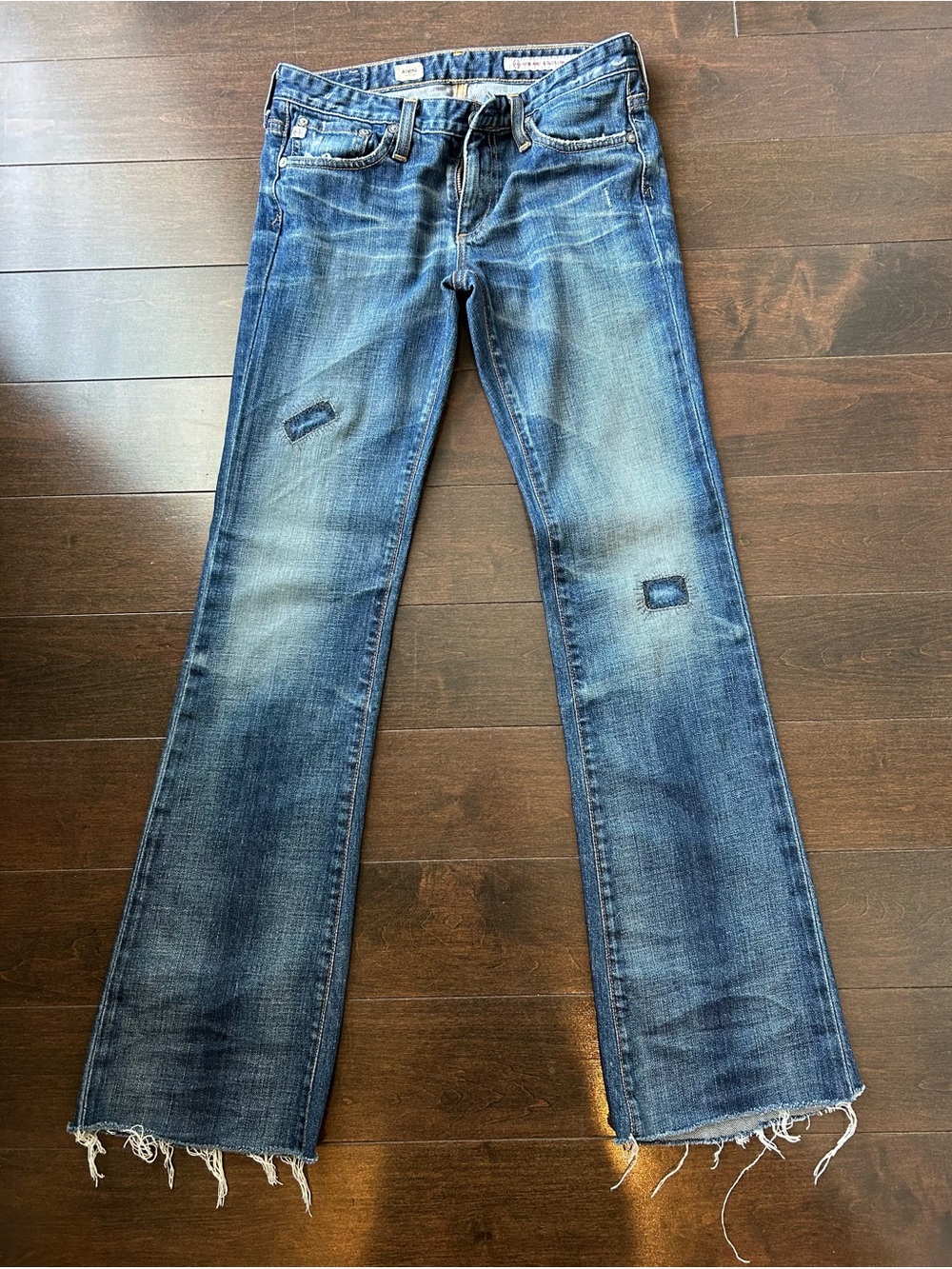 AG “Angel” Women’s Distressed Blue Bootcut Jeans with Patches